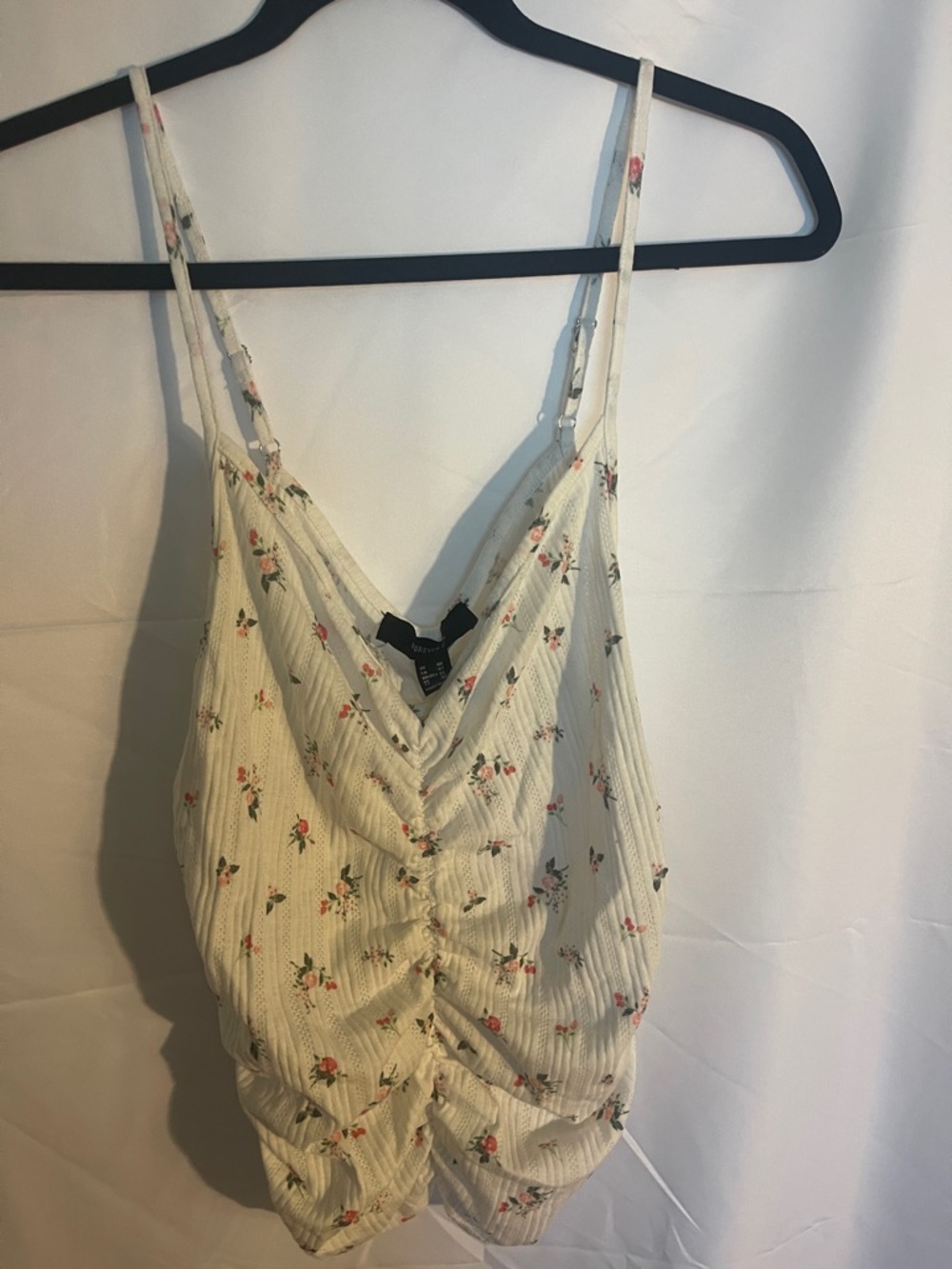 Forever 21 White Floral Ruched Cami with Pink Roses